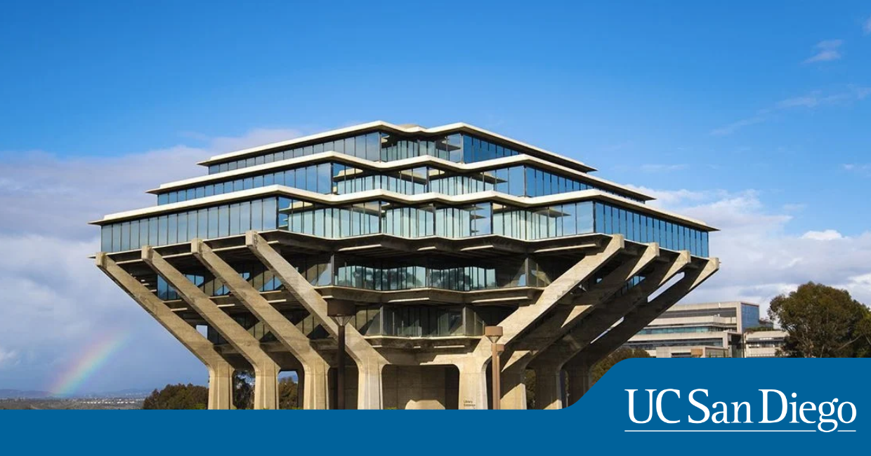 Geisel Library with rainbow and UC San Diego Logo Graphic